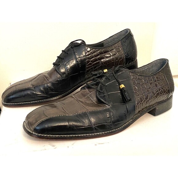 Vtg VITTORIO PONTI Dress Shoes Men's 14 Croc Leather Loafers Patchwork Black - Picture 4 of 10